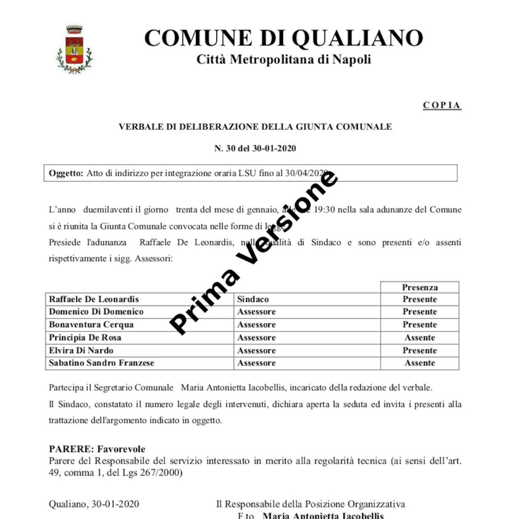 prima versione della Delibera di Giunta comunale di qualiano n° 30 del 30 gennario 2020