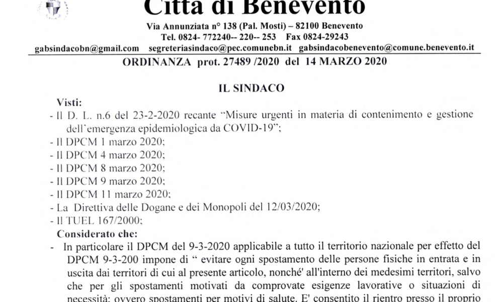 Ordinanza Benevento