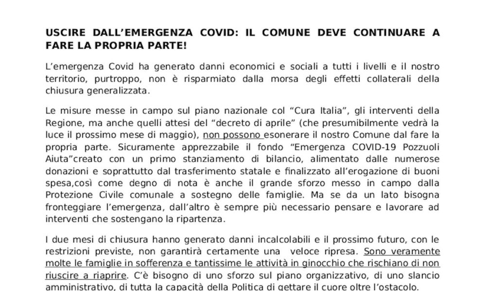 Documento politico Opposizione Pozzuoli per uscire dall'emergenza