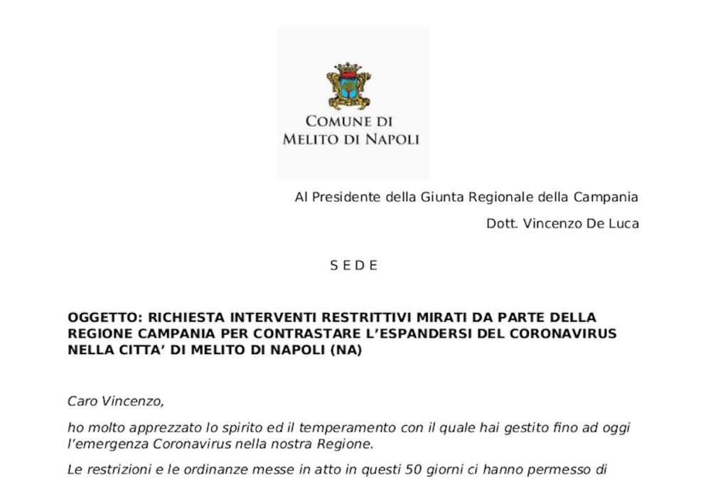 Lettera del sindaco di Melito al Governatore De Luca
