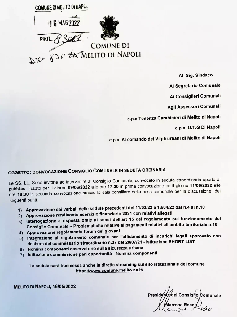 Convocato consiglio comunale a Melito