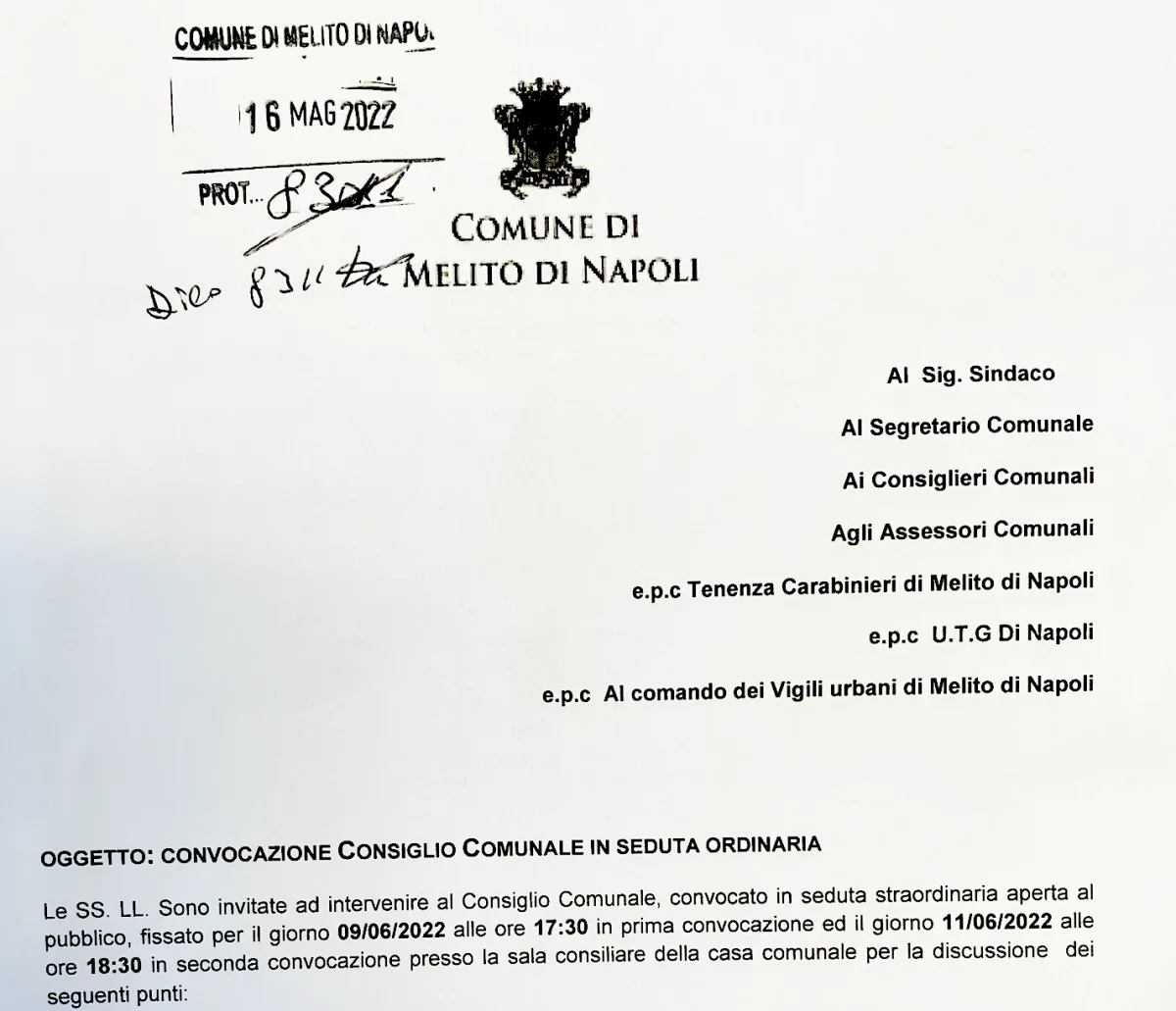Convocato il consiglio comunale melito
