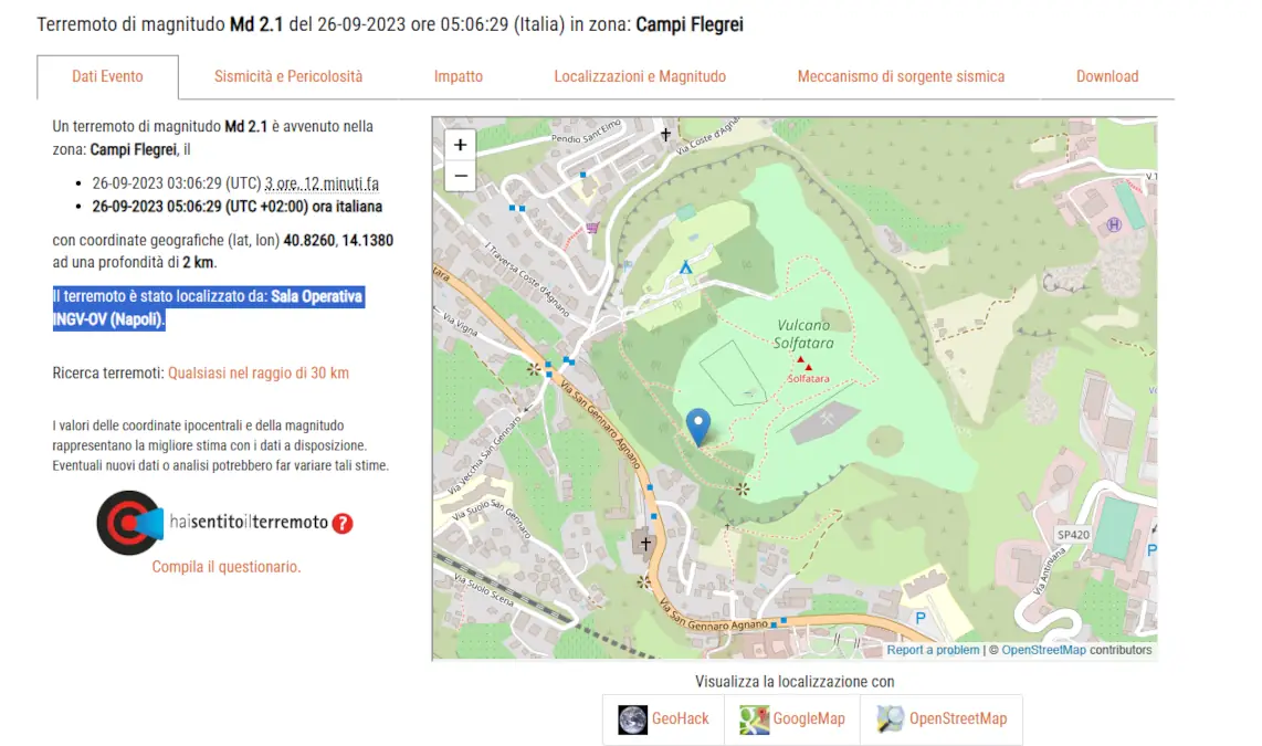 Nuova scossa con epicentro nella Solfatara