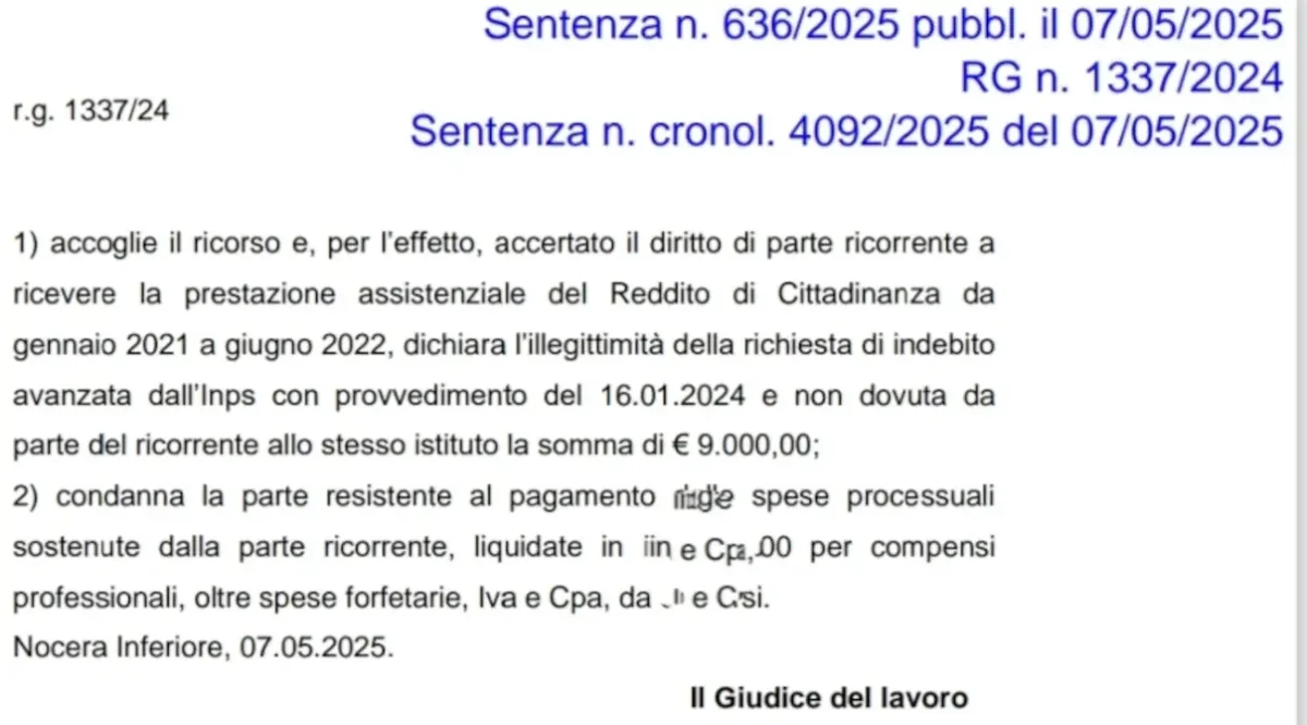 reddito di dittadinanza - Sentenza tribunale nocera inferiore