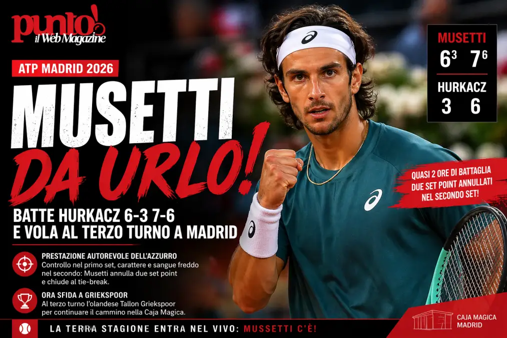 Lorenzo Musetti batte Hurkacz 6-3 7-6 al Masters 1000 di Madrid