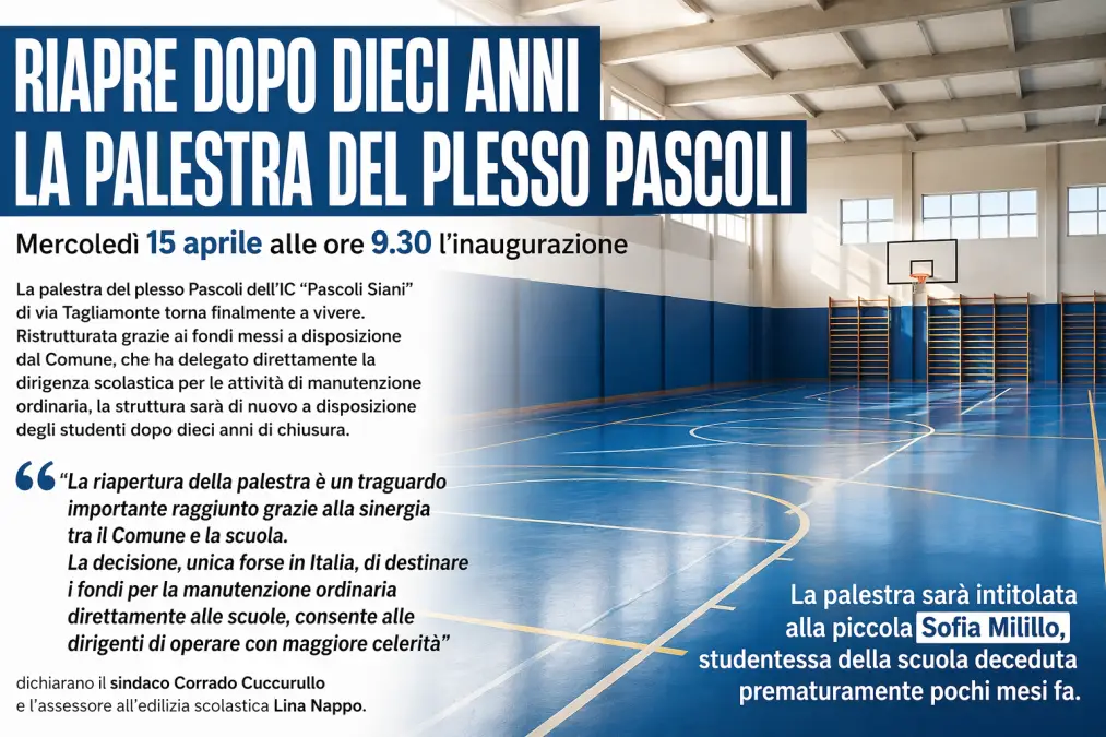 Torre Annunziata, dopo dieci anni riapre la palestra dell’IC Pascoli Siani
