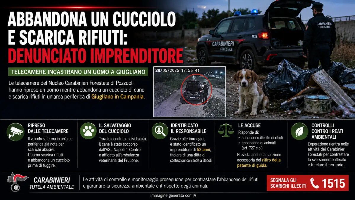 Abbandona un cucciolo e rifiuti in una zona periferica di giugliano - foto IA