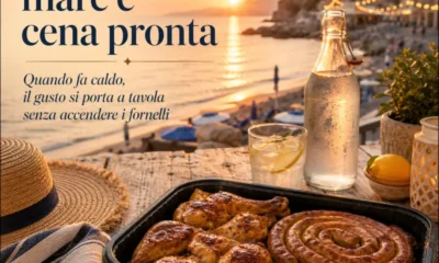 Cena estiva pronta dopo il mare con coscette, salsiccia e patate arrosto