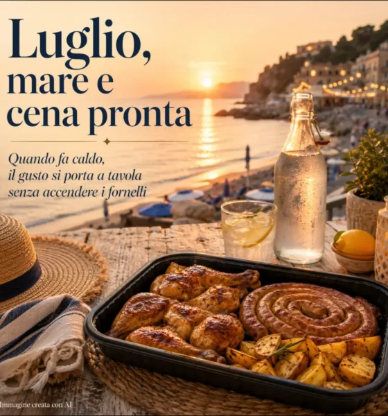 Cena estiva pronta dopo il mare con coscette, salsiccia e patate arrosto