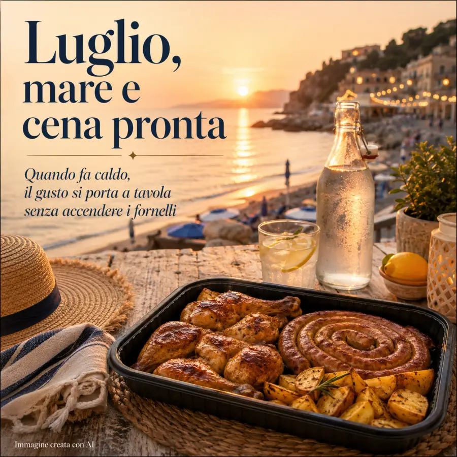 Cena estiva pronta dopo il mare con coscette, salsiccia e patate arrosto