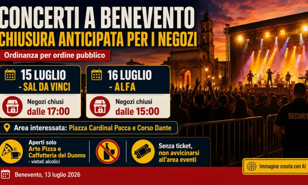 benevento concerti sal da vinci e alfa chiusura anticipata per i negozi ubicati nei paraggi dell8217area eventi da Puntomagazine.it benevento concerti sal da vinci e alfa chiusura anticipata per i negozi ubicati nei paraggi dell8217area eventi