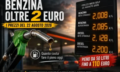 Prezzi benzina e diesel del 22 agosto 2026 e costo del pieno