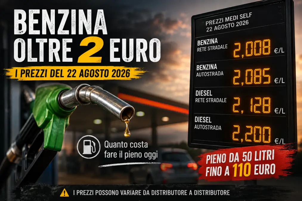 Prezzi benzina e diesel del 22 agosto 2026 e costo del pieno