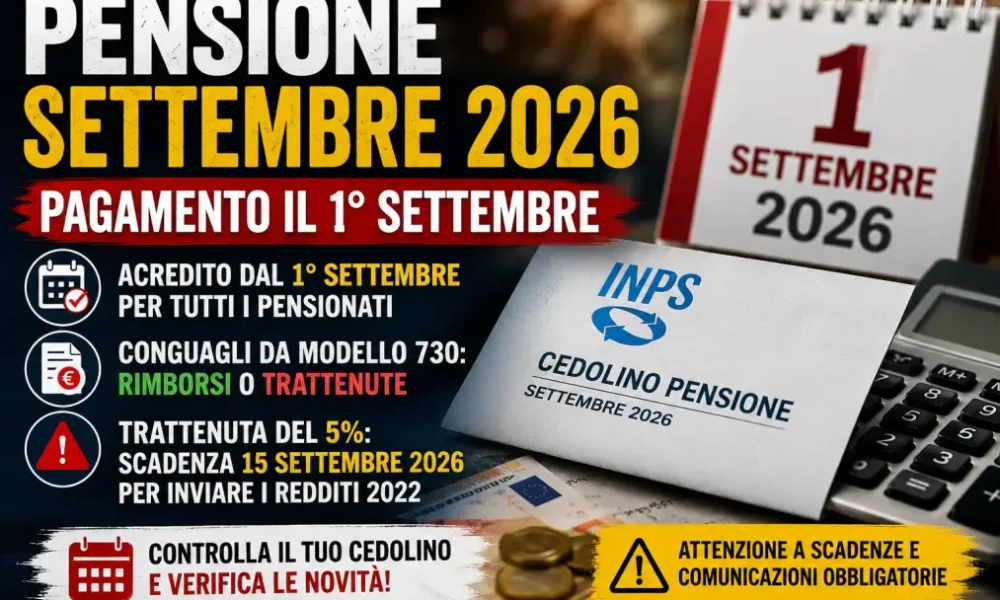pensione settembre 2026 pagamento il 1176 rimborsi 730 e trattenute inps da Puntomagazine.it pensione settembre 2026 pagamento il 1176 rimborsi 730 e trattenute inps