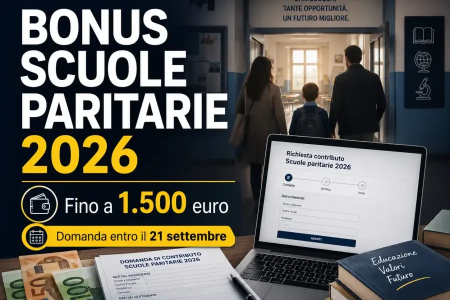 bonus scuole paritarie 2026 fino a 1500 euro chi pu242 richiederlo e domanda entro il 21 settembre da Puntomagazine.it bonus scuole paritarie 2026 fino a 1500 euro chi pu242 richiederlo e domanda entro il 21 settembre