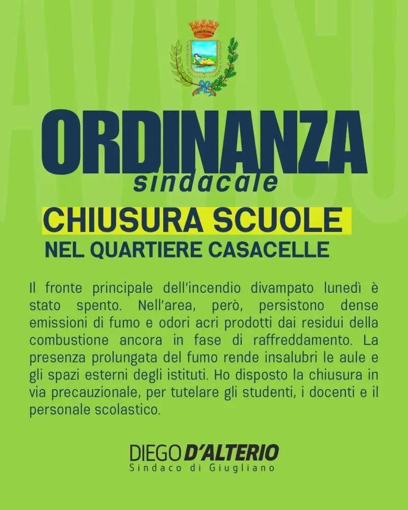 casacelle giugliano incendio scuole chiuse